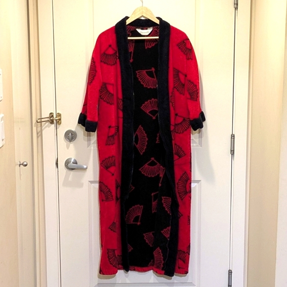 EUC Vintage Diamond Tea L Red and Black Fan Print Bath Robe - SEE SIZE NOTES - Picture 5 of 7